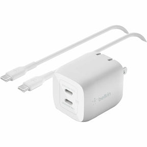 Belkin 45W Portable Dual Port GaN Wall Charger - 2xUSB-C (45W Total) - w/ USB-C to USB-C Cable - Fast Charging - Power Adapter - White — WCH011dq2MWH-B6