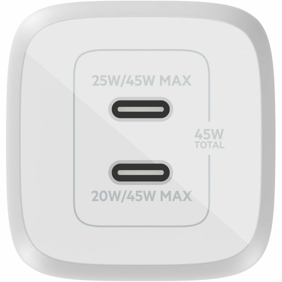 Belkin 45W Portable Dual Port GaN Wall Charger - 2xUSB-C (45W Total) - w/ USB-C to USB-C Cable - Fast Charging - Power Adapter - White — WCH011dq2MWH-B6