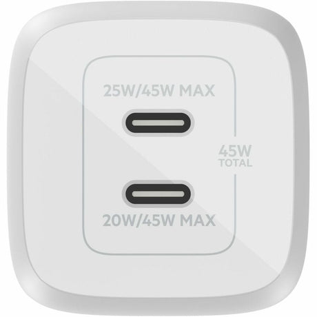 Belkin 45W Portable Dual Port GaN Wall Charger - 2xUSB-C (45W Total) - w/ USB-C to USB-C Cable - Fast Charging - Power Adapter - White — WCH011dq2MWH-B6