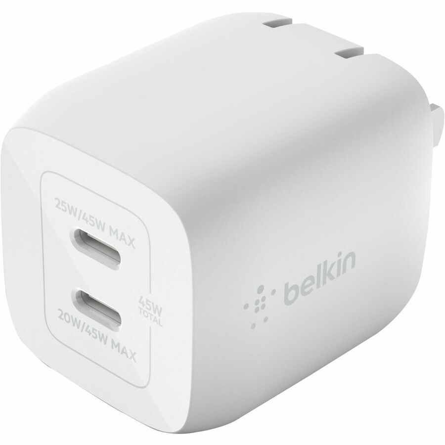 Belkin 45W Portable Dual Port GaN Wall Charger - 2xUSB-C (45W Total) - w/ USB-C to USB-C Cable - Fast Charging - Power Adapter - White — WCH011dq2MWH-B6