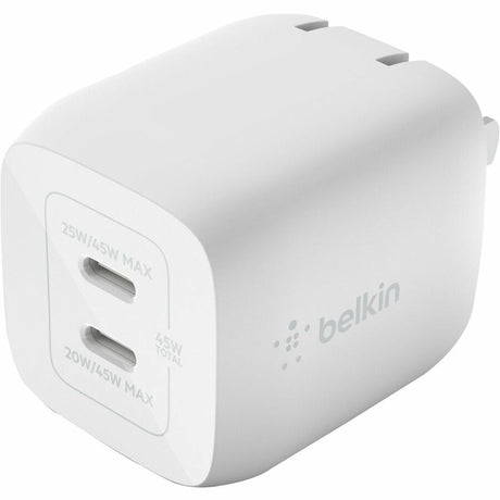 Belkin 45W Portable Dual Port GaN Wall Charger - 2xUSB-C (45W Total) - w/ USB-C to USB-C Cable - Fast Charging - Power Adapter - White — WCH011dq2MWH-B6