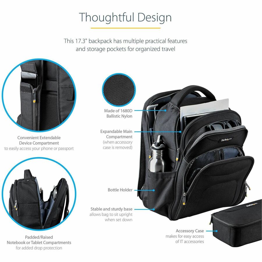 StarTech.com 17.3" Laptop Backpack w/ Removable Accessory Case, Professional IT Tech Backpack for Work/Travel/Commute, Nylon Computer Bag — NTBKBAG173