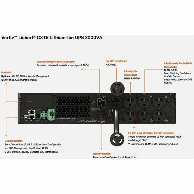 Vertiv Liebert GXT5 Lithium-Ion Online UPS 2000VA/1800W 120V Tower/Rack UPS — GXT5LI-2000LVRT2UXL