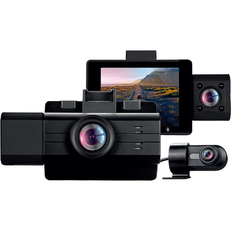 myGEKOgear by Adesso Scout Pro 2K 3-Channel Dash Cam Surveillance Edition with Front View, Cabin View, Rear View, APP for Instant Video Access, Wide Angle View, 32GB SD Card Included, G-Sensor, ODB2 Cable for Toolless 24/7 Surveillance — GOSP32G