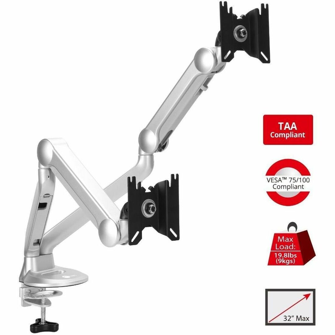 SIIG MTPRO Desk Mount Dual Gas Spring Monitor Arm - up to 32" Display - Max. Load 19.8 lbs - VESA 75 & 100mm — CE-MT3X11-S1
