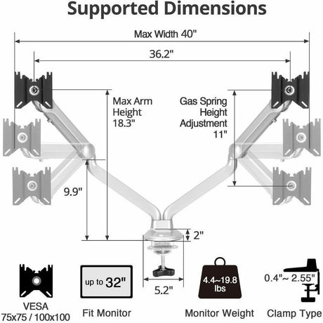 SIIG MTPRO Desk Mount Dual Gas Spring Monitor Arm - up to 32" Display - Max. Load 19.8 lbs - VESA 75 & 100mm — CE-MT3X11-S1