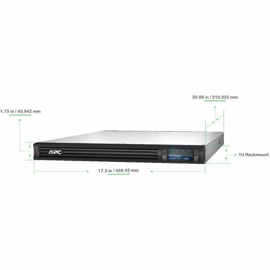 APC Smart-UPS, Line Interactive, 1000 VA, LCD, Rackmount 1U, 120V, 4x NEMA 5-15R outlet, USB, AVR, Short Depth — SMT1000RM1U