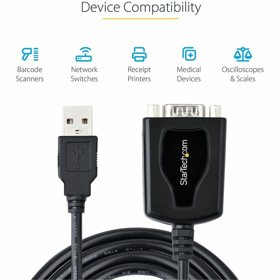 StarTech.com 3ft (1m) USB to Serial Cable with COM Port Retention, DB9 Male RS232 to USB Converter, USB to Serial Adapter, Prolific IC — 1P3FPC-USB-SERIAL