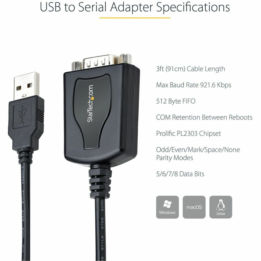 StarTech.com 3ft (1m) USB to Serial Cable with COM Port Retention, DB9 Male RS232 to USB Converter, USB to Serial Adapter, Prolific IC — 1P3FPC-USB-SERIAL
