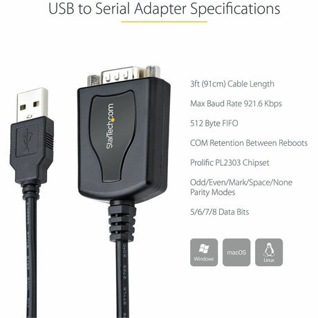 StarTech.com 3ft (1m) USB to Serial Cable with COM Port Retention, DB9 Male RS232 to USB Converter, USB to Serial Adapter, Prolific IC — 1P3FPC-USB-SERIAL