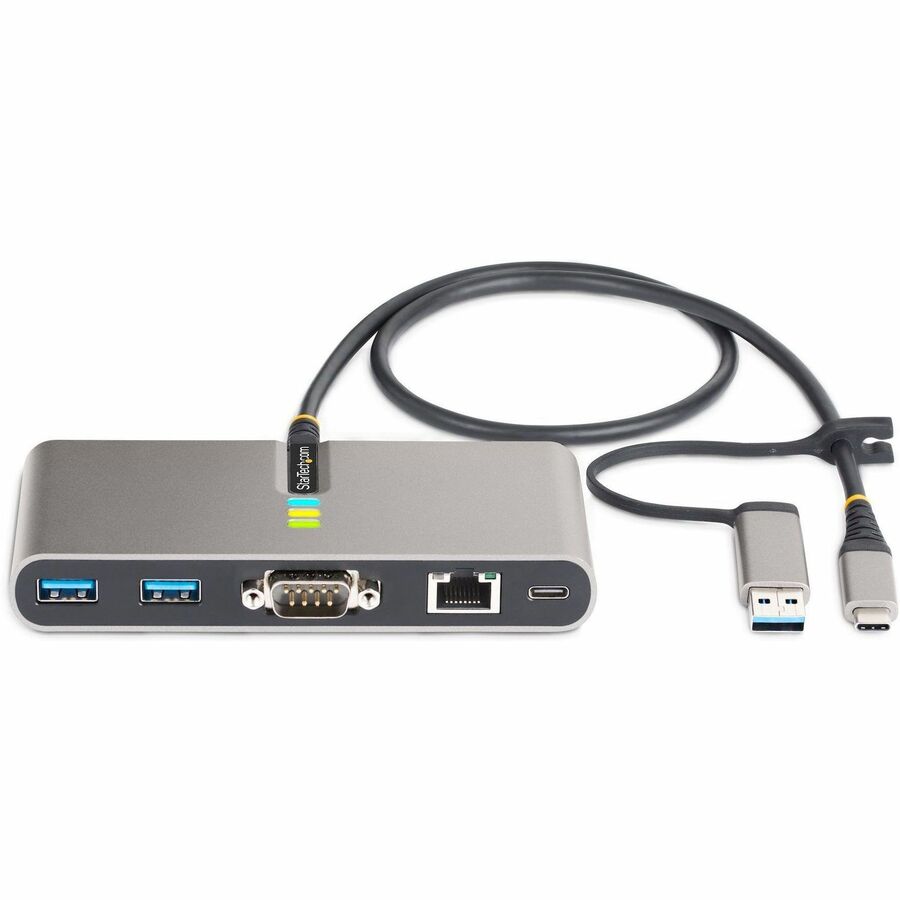 StarTech.com 2-Port USB-C Hub with Gb Ethernet and RS232 FTDI Serial, Attached USB-C to USB-A Dongle, 100W PD Pass-Through, 2x USB-A 5Gbps — 5G2A1SGBB-USB-C-HUB