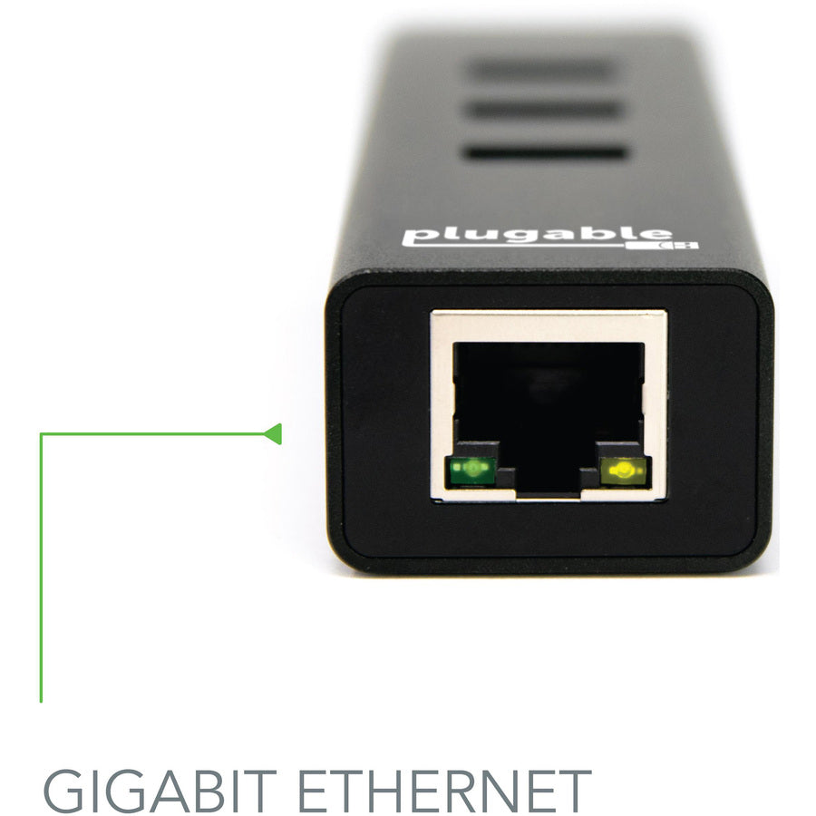 Plugable USB Hub with Ethernet, 3 port USB 3.0 Bus Powered Hub with Gigabit Ethernet — USB3-HUB3ME