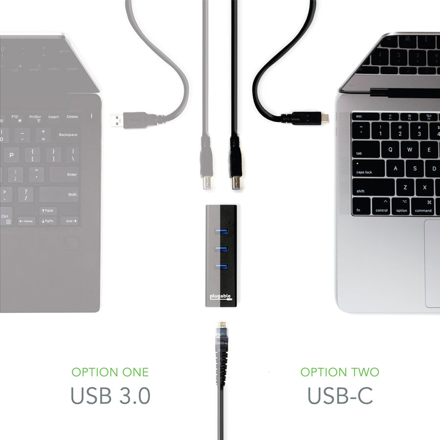 Plugable USB Hub with Ethernet, 3 port USB 3.0 Bus Powered Hub with Gigabit Ethernet — USB3-HUB3ME