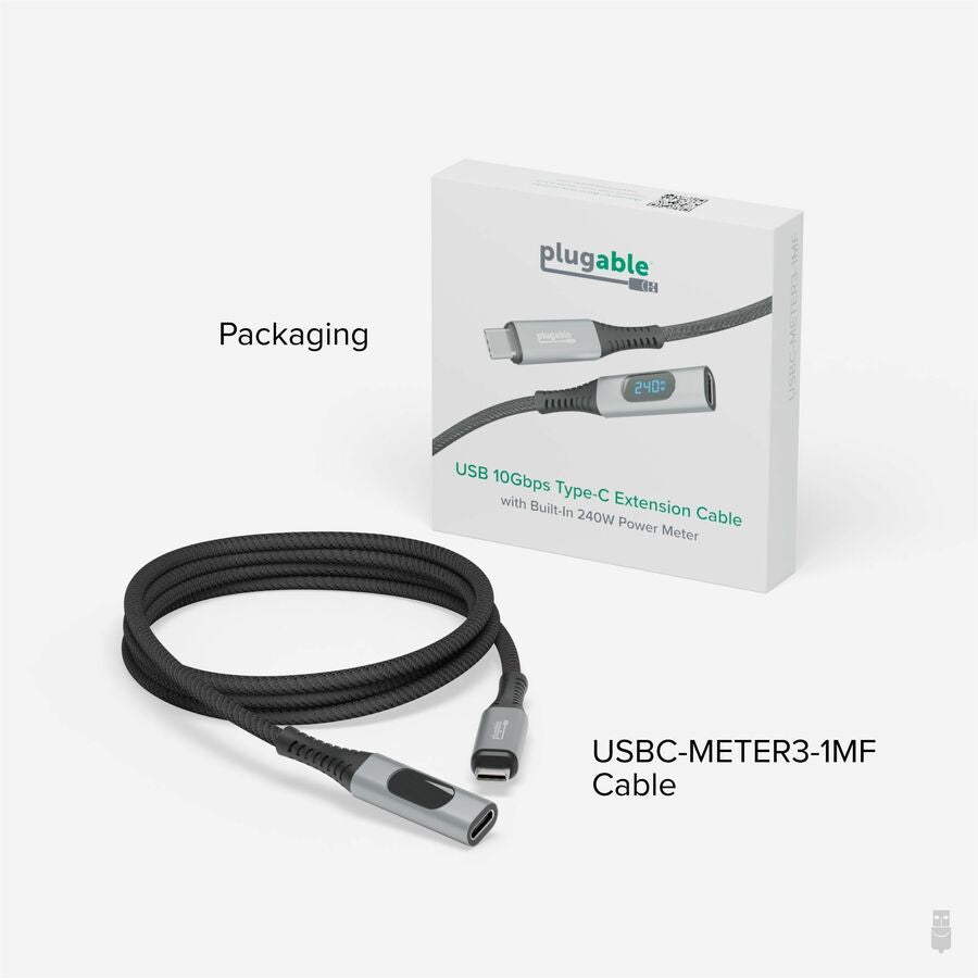 Plugable USB C Extension Cable 3.3 Ft, Digital Power Meter Tester for Monitoring USB-C Connections — USBC-METER3-1MF