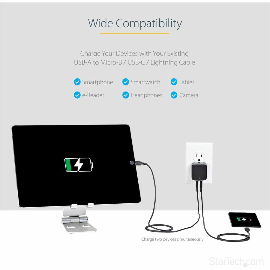 StarTech.com Travel USB Wall Charger - 2 Port - Black - Universal Travel Adapter - International Power Adapter - USB Charger — USB2PACBK