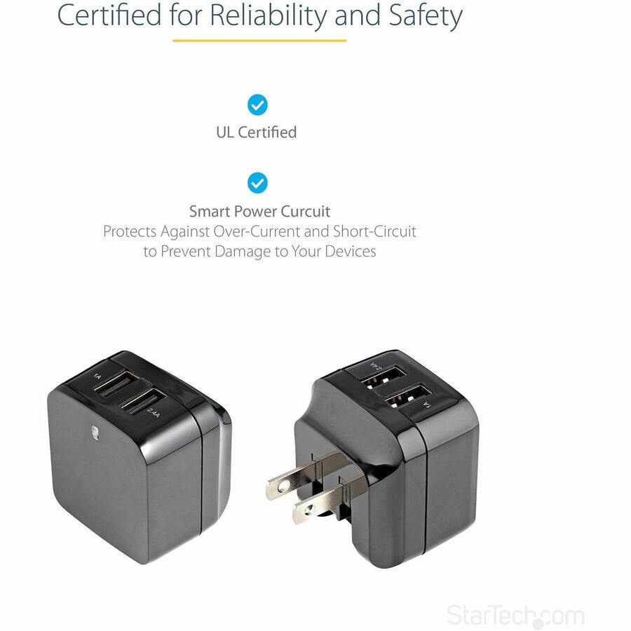 StarTech.com Travel USB Wall Charger - 2 Port - Black - Universal Travel Adapter - International Power Adapter - USB Charger — USB2PACBK