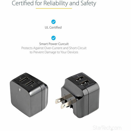 StarTech.com Travel USB Wall Charger - 2 Port - Black - Universal Travel Adapter - International Power Adapter - USB Charger — USB2PACBK