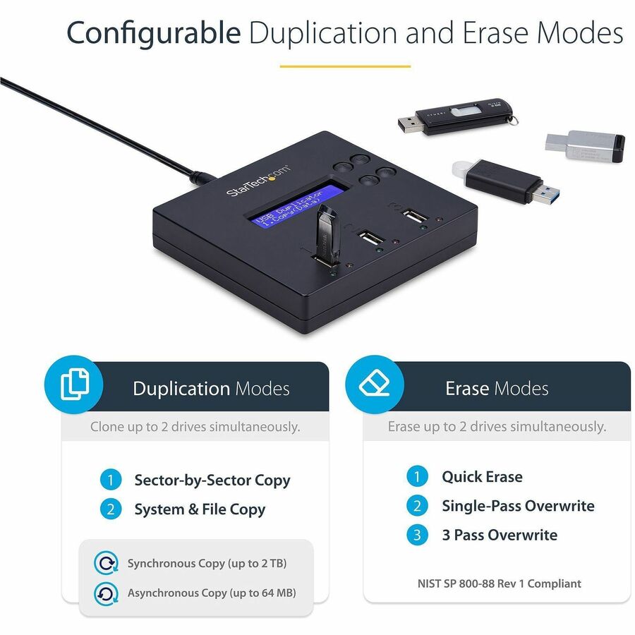 StarTech.com Standalone 1 to 2 USB Thumb Drive Duplicator/Eraser, USB Flash Drive Copier/Cloner, Sector-by-Sector Copy, Sanitizer, TAA — USBDUP12