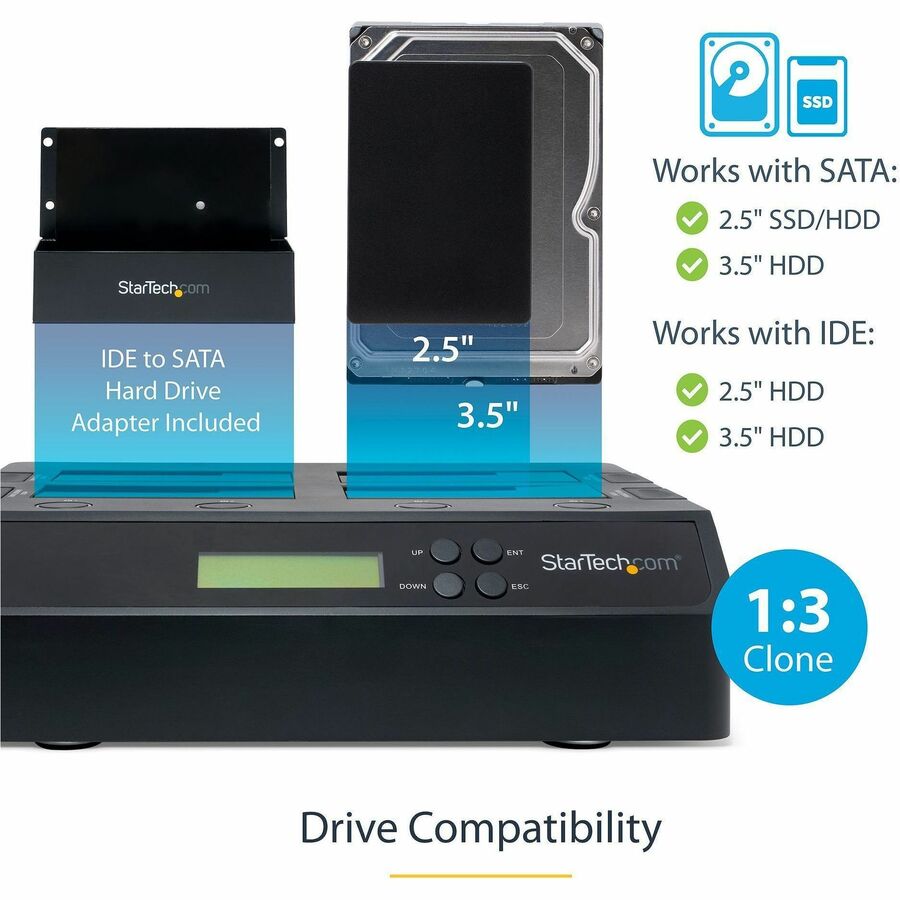 StarTech.com 4-Bay Hard Drive Duplicator and Eraser, External HDD/SSD Cloner / Copier / Wiper Tool, USB 3.0/eSATA to SATA Docking Station — SATDOCK4U3RE