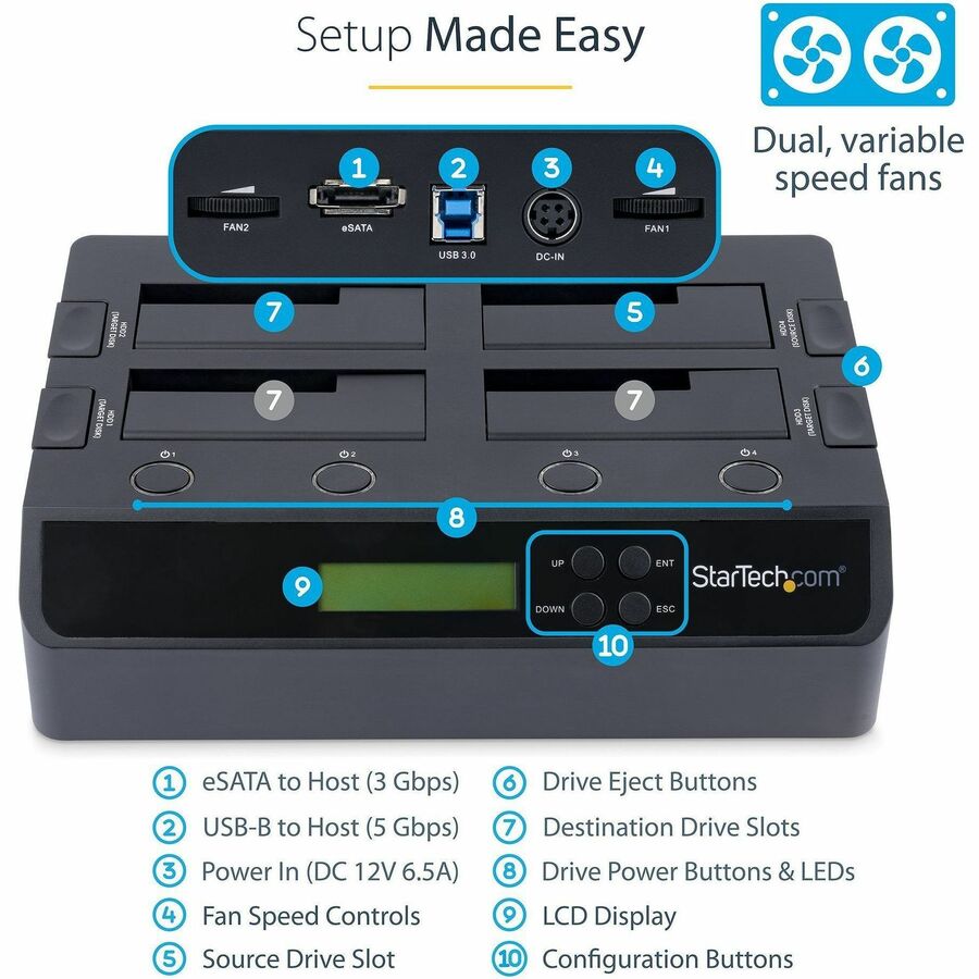 StarTech.com 4-Bay Hard Drive Duplicator and Eraser, External HDD/SSD Cloner / Copier / Wiper Tool, USB 3.0/eSATA to SATA Docking Station — SATDOCK4U3RE