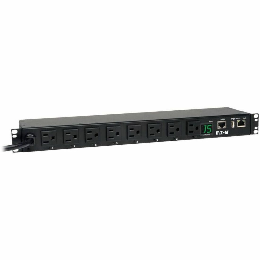 Eaton 1.4kW Single-Phase Switched PDU, LX Interface, 120V Outlets (8 5-15R), NEMA 5-15P, 12 ft. (3.66 m) Cord, 1U Rack, TAA — PDUMH15NET2LX