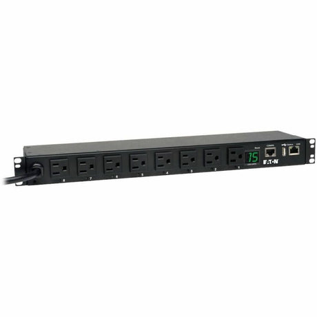 Eaton 1.4kW Single-Phase Switched PDU, LX Interface, 120V Outlets (8 5-15R), NEMA 5-15P, 12 ft. (3.66 m) Cord, 1U Rack, TAA — PDUMH15NET2LX