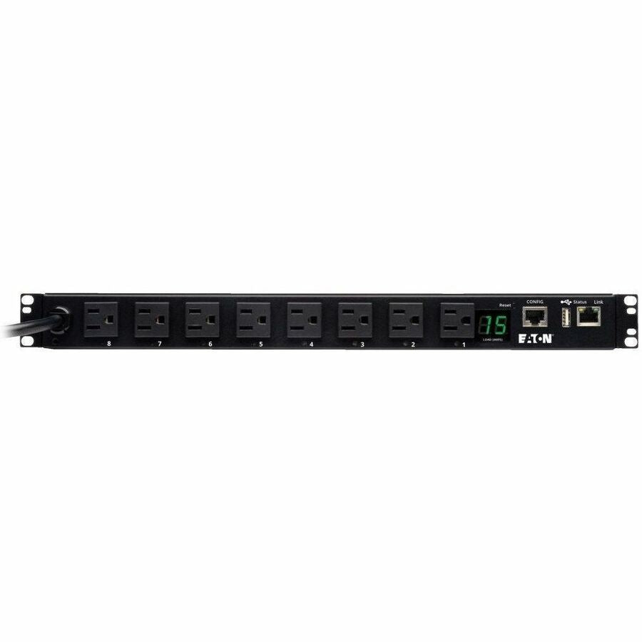 Eaton 1.4kW Single-Phase Switched PDU, LX Interface, 120V Outlets (8 5-15R), NEMA 5-15P, 12 ft. (3.66 m) Cord, 1U Rack, TAA — PDUMH15NET2LX