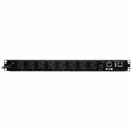 Eaton 1.4kW Single-Phase Switched PDU, LX Interface, 120V Outlets (8 5-15R), NEMA 5-15P, 12 ft. (3.66 m) Cord, 1U Rack, TAA — PDUMH15NET2LX