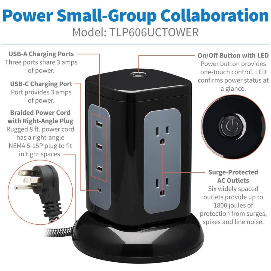 Eaton Tripp Lite Series 6-Outlet Surge Protector Tower, 3x USB-A, 1x USB-C, 8 ft. Cord, 5-15P Plug, 1800 Joules, Black — TLP606UCTOWER