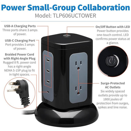 Eaton Tripp Lite Series 6-Outlet Surge Protector Tower, 3x USB-A, 1x USB-C, 8 ft. Cord, 5-15P Plug, 1800 Joules, Black — TLP606UCTOWER