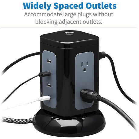 Eaton Tripp Lite Series 6-Outlet Surge Protector Tower, 3x USB-A, 1x USB-C, 8 ft. Cord, 5-15P Plug, 1800 Joules, Black — TLP606UCTOWER