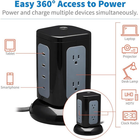 Eaton Tripp Lite Series 6-Outlet Surge Protector Tower, 3x USB-A, 1x USB-C, 8 ft. Cord, 5-15P Plug, 1800 Joules, Black — TLP606UCTOWER
