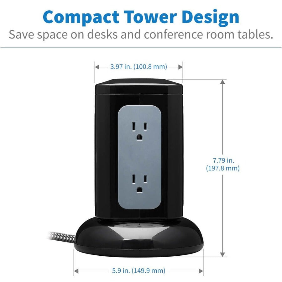 Eaton Tripp Lite Series 6-Outlet Surge Protector Tower, 3x USB-A, 1x USB-C, 8 ft. Cord, 5-15P Plug, 1800 Joules, Black — TLP606UCTOWER