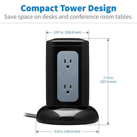 Eaton Tripp Lite Series 6-Outlet Surge Protector Tower, 3x USB-A, 1x USB-C, 8 ft. Cord, 5-15P Plug, 1800 Joules, Black — TLP606UCTOWER