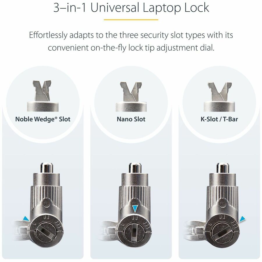 StarTech.com 3-in-1 Universal Laptop Lock 6.6ft, Master Keyed Locking Cable, Security Cable, Compatible w/Noble Wedge&reg;/Nano/K-Slot — UNIVKMKO-LAPTOP-LOCK