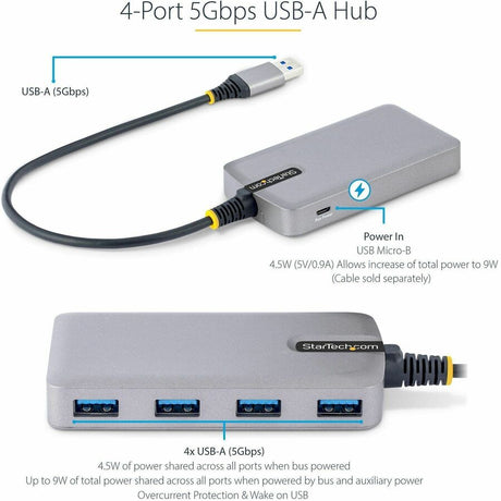 StarTech.com 4-Port USB Hub, USB 3.0 5Gbps, Bus Powered, USB-A to 4xA w/ Optional Auxiliary Power, Portable Laptop USB Hub, 1ft/30cm Cable — 5G4AB-USB-A-HUB