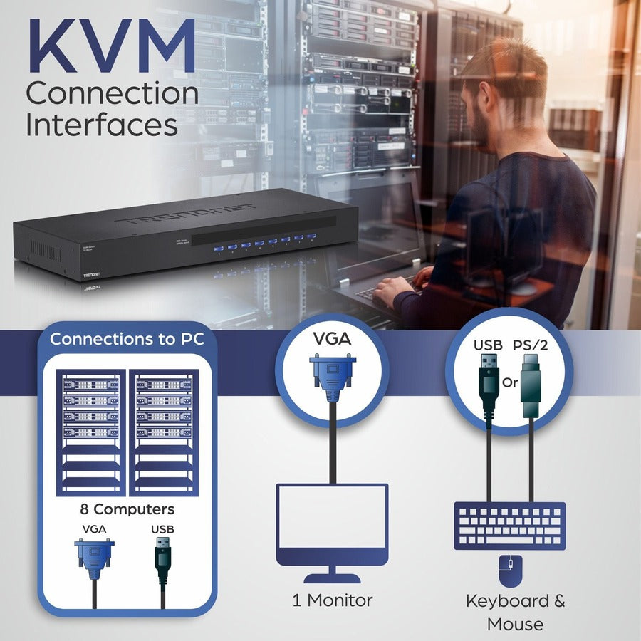 TRENDnet 8-Port USB/PS2 Rack Mount KVM Switch, TK-803R, VGA & USB Connection, Supports USB & PS/2 Connections, Device Monitoring, Auto Scan, Audible Feedback, Control up to 8 Computers/Servers — TK-803R