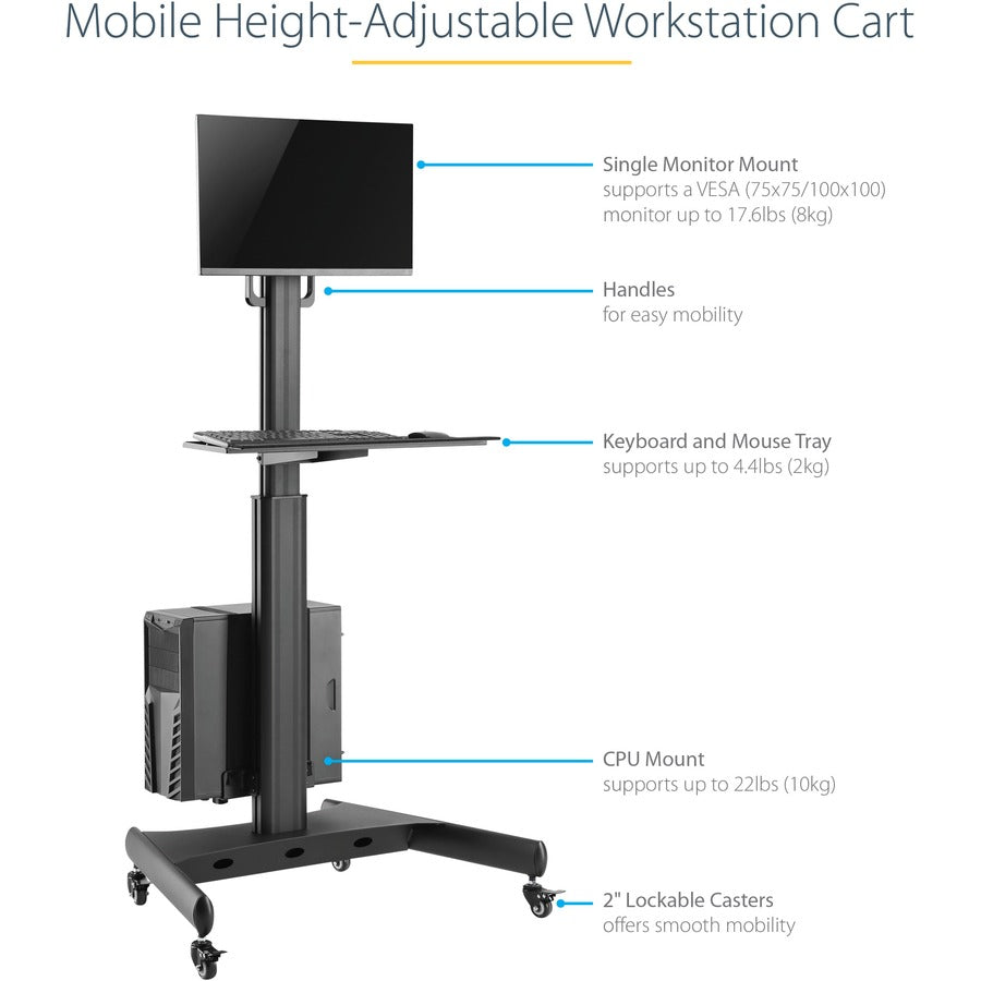StarTech.com Mobile Standing Workstation with Monitor Mount, CPU/PC Holder, Height Adjustable Desktop Computer Cart, Standing Workstation — WKSTNCART