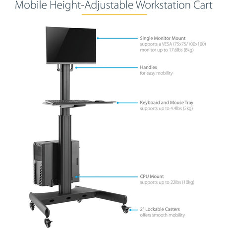 StarTech.com Mobile Standing Workstation with Monitor Mount, CPU/PC Holder, Height Adjustable Desktop Computer Cart, Standing Workstation — WKSTNCART