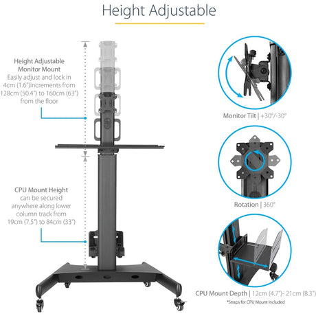 StarTech.com Mobile Standing Workstation with Monitor Mount, CPU/PC Holder, Height Adjustable Desktop Computer Cart, Standing Workstation — WKSTNCART