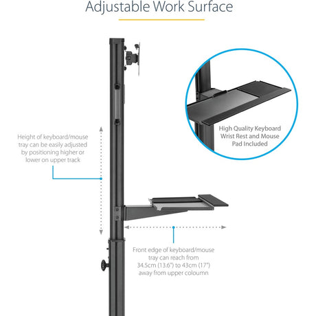 StarTech.com Mobile Standing Workstation with Monitor Mount, CPU/PC Holder, Height Adjustable Desktop Computer Cart, Standing Workstation — WKSTNCART