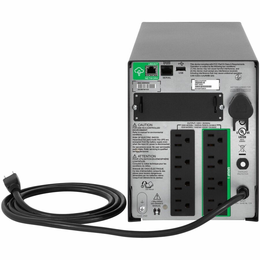 APC Smart-UPS, Line Interactive, 1500VA, Tower, 120V, 8x NEMA 5-15R outlets, SmartConnect Port+SmartSlot, AVR, LCD [TAA] — SMT1500CUS
