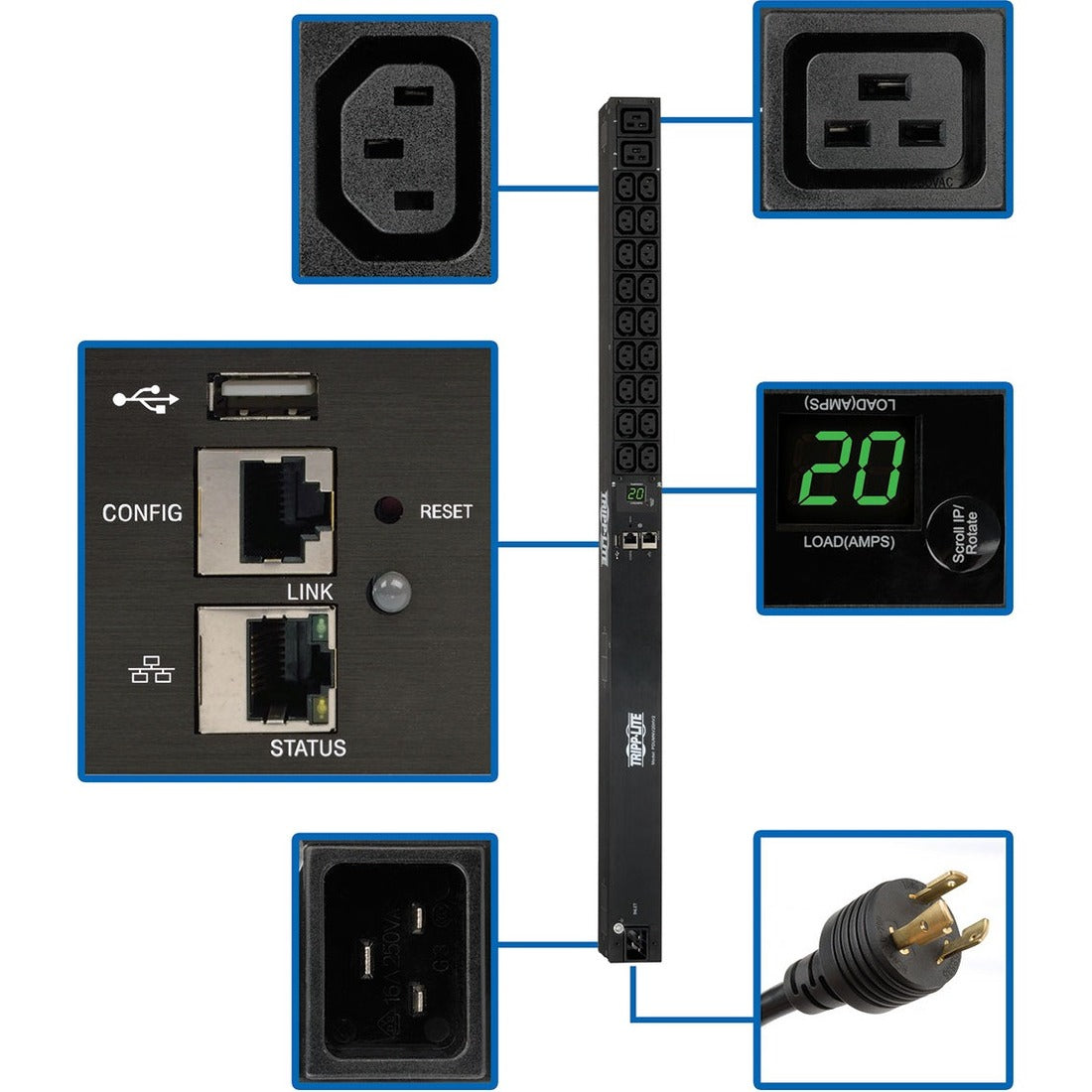 Eaton 3.7kW Single-Phase 208/230V Monitored PDU - LX Platform, 18 C13, 2 C19 Outlets, C20 / L6-20P Inputs, 0U 900mm Height, TAA — PDUMNV20HV2LX