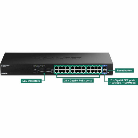 TRENDnet 26-Port Gigabit EdgeSmart PoE+ Switch, TPE TG262ES, 380W PoE Power Budget, 24 x Gigabit PoE+ Ports, 2 x Gigabit SFP Ports, Managed Network Ethernet Switch, Lifetime Protection, Black — TPE-TG262ES