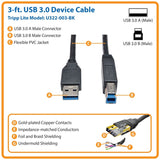 Eaton Tripp Lite Series USB 3.2 Gen 1 SuperSpeed Device Cable (A to B M/M) Black, 3 ft. (0.91 m) — U322-003-BK