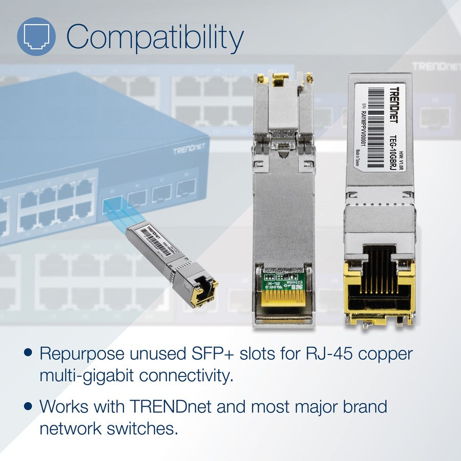 TRENDnet 10G RJ-45 Copper SFP+ Module, Convert A Standard SFP+ Slot Into A RJ-45 Multi-Gigabit Port, Connect Devices Up To 30m (98ft), Hot-Pluggable, Lifetime Protection, Silver, TEG-10GBRJ