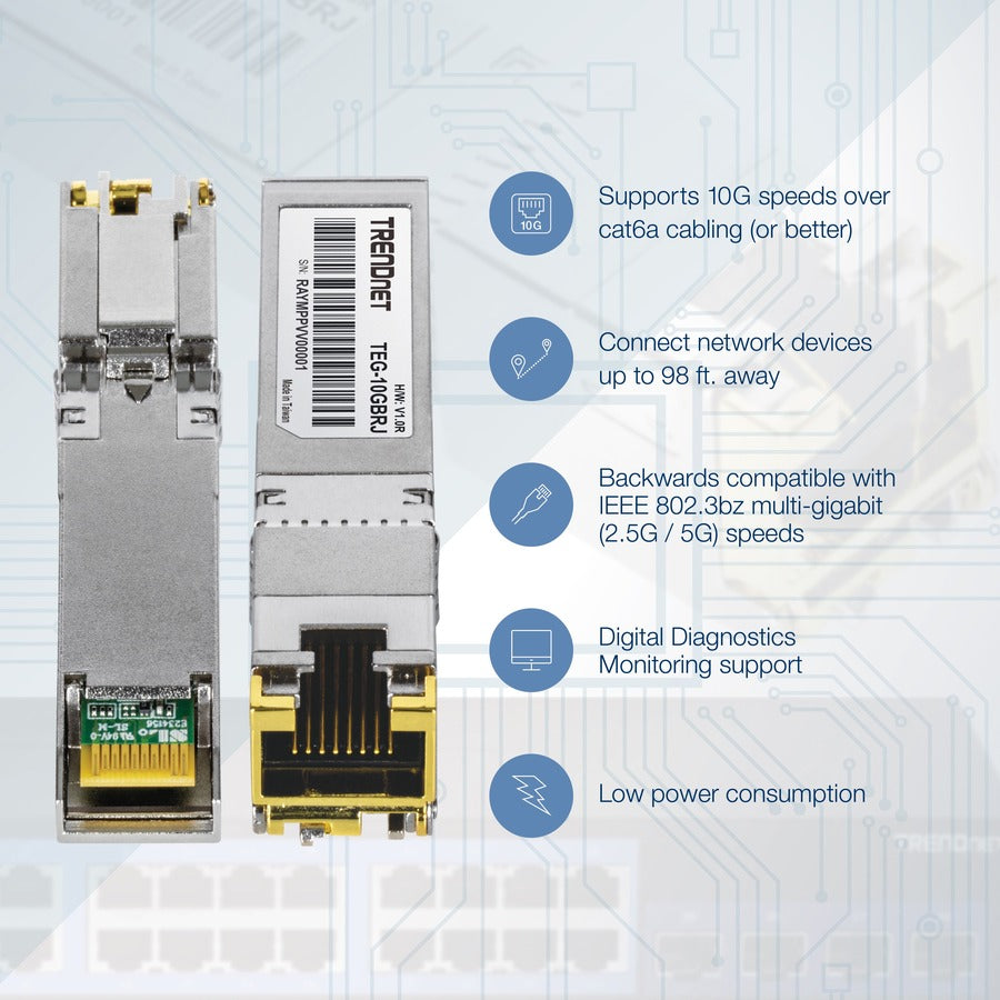 TRENDnet 10G RJ-45 Copper SFP+ Module, Convert A Standard SFP+ Slot Into A RJ-45 Multi-Gigabit Port, Connect Devices Up To 30m (98ft), Hot-Pluggable, Lifetime Protection, Silver, TEG-10GBRJ