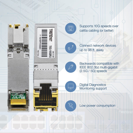 TRENDnet 10G RJ-45 Copper SFP+ Module, Convert A Standard SFP+ Slot Into A RJ-45 Multi-Gigabit Port, Connect Devices Up To 30m (98ft), Hot-Pluggable, Lifetime Protection, Silver, TEG-10GBRJ
