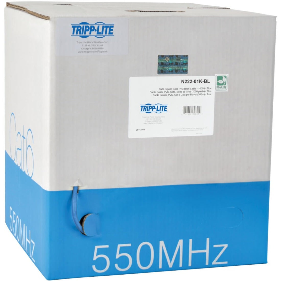 Eaton Tripp Lite Series Cat6 Gigabit Solid Core UTP PVC Bulk Ethernet Cable, Blue, 1000 ft. (304.8 m), TAA — N222-01K-BL