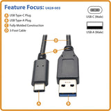 Eaton Tripp Lite Series USB-C to USB-A Cable (M/M), USB 3.2 Gen 1 (5 Gbps), Thunderbolt 3 Compatible, 3 ft. (0.91 m) — U428-003